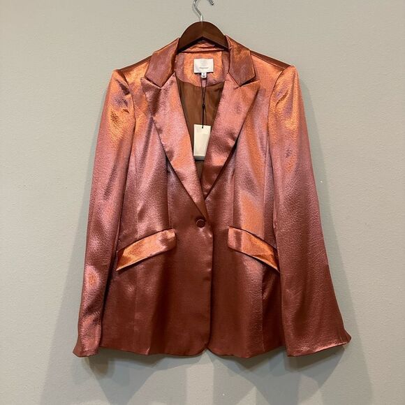 Cinq à Sept Karis Tailored Textured Metallic Satin Blazer Size 10 Copper Pink - Picture 6 of 15